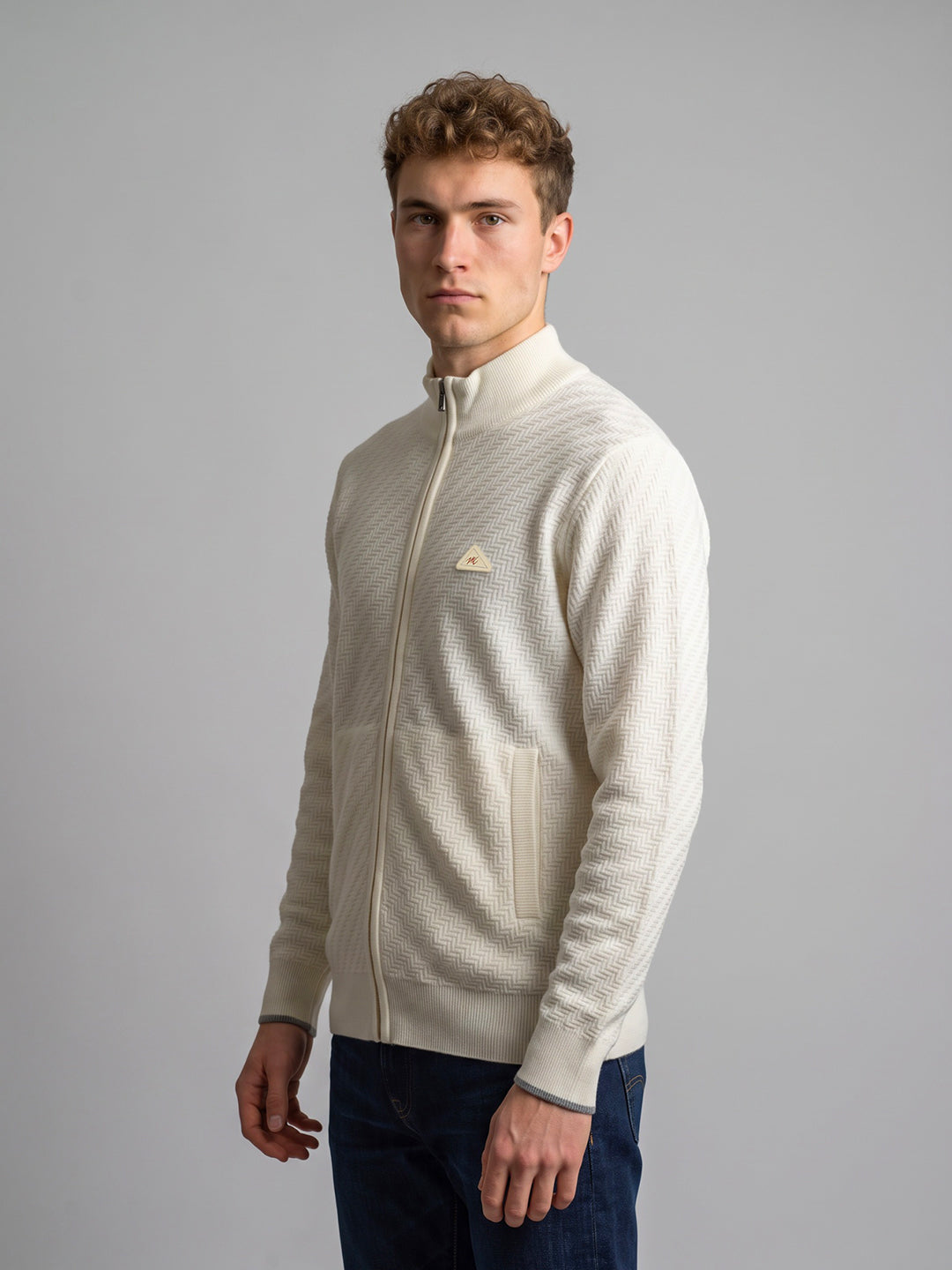Men Off White Self Design Turtle Neck Full Sleeve Pullover