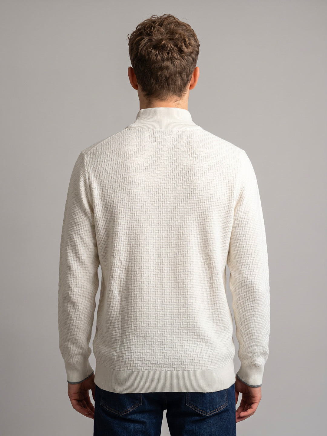 Men Off White Self Design Turtle Neck Full Sleeve Pullover