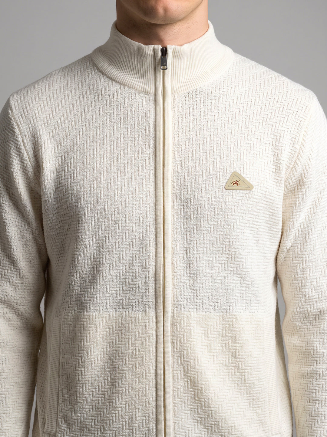 Men Off White Self Design Turtle Neck Full Sleeve Pullover
