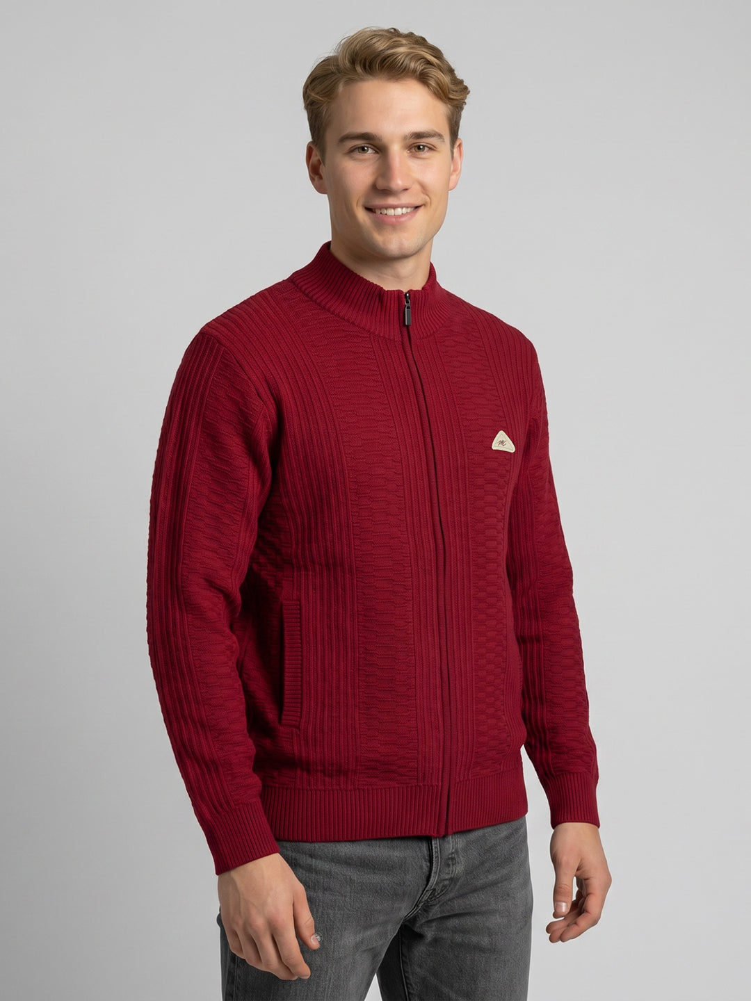 Men Red Self Design Turtle Neck Full Sleeve Cardigan
