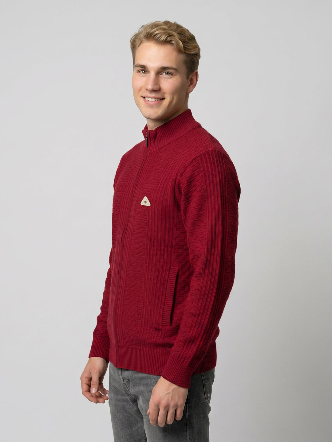 Men Red Self Design Turtle Neck Full Sleeve Cardigan