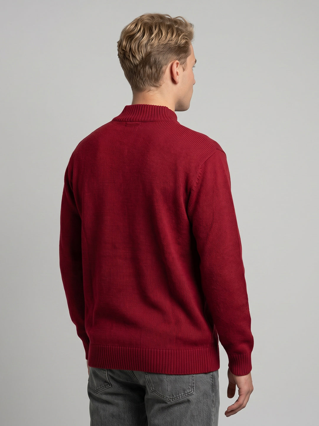 Men Red Self Design Turtle Neck Full Sleeve Cardigan