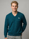 Men Teal Blue Self Design V Neck Full Sleeve Pullover