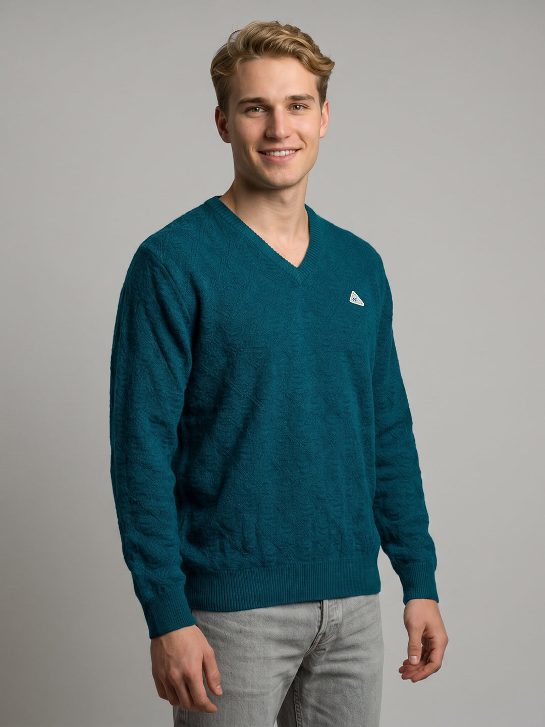 Men Teal Blue Self Design V Neck Full Sleeve Pullover