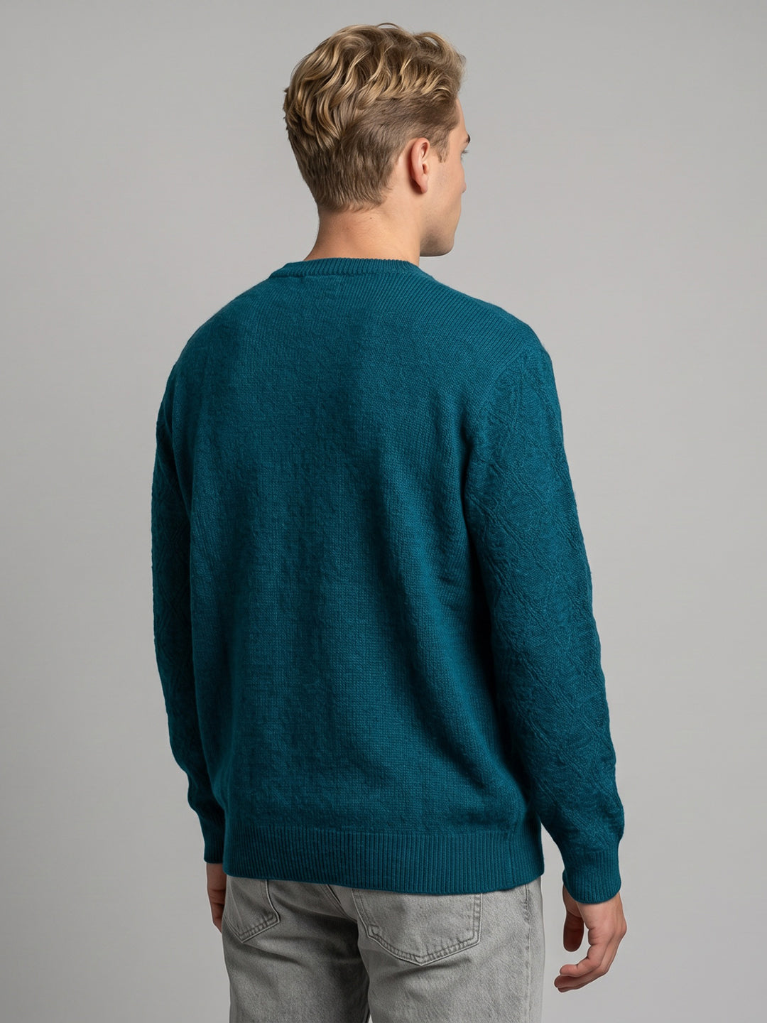 Men Teal Blue Self Design V Neck Full Sleeve Pullover