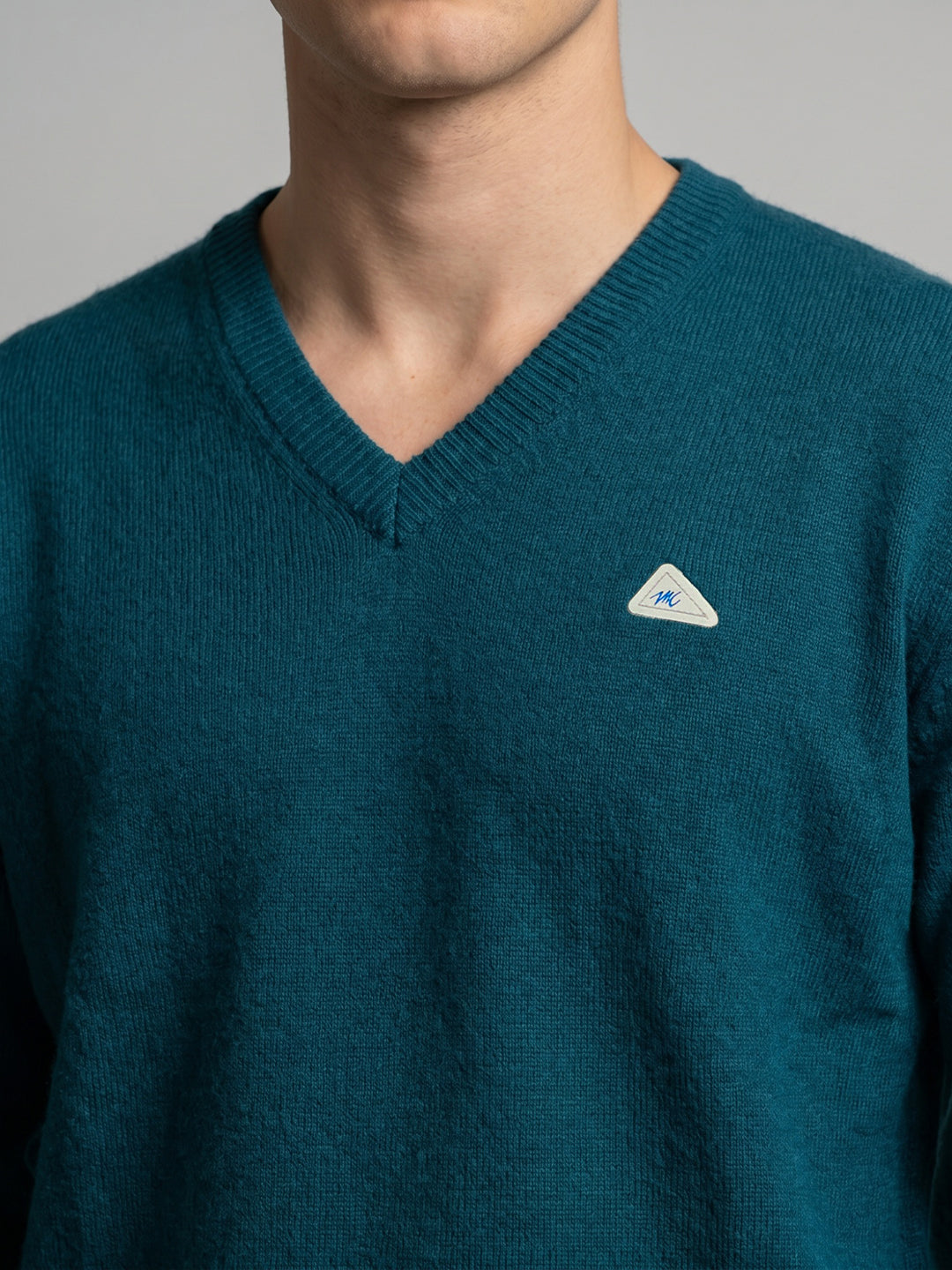 Men Teal Blue Self Design V Neck Full Sleeve Pullover