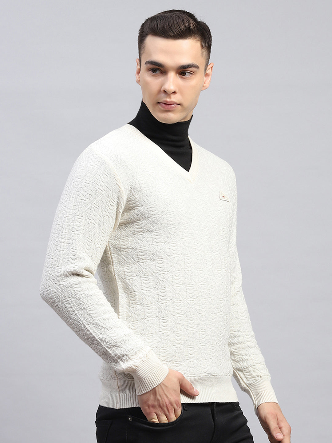 Buy Men Off White Self Design V Neck Full Sleeve Pullover Online