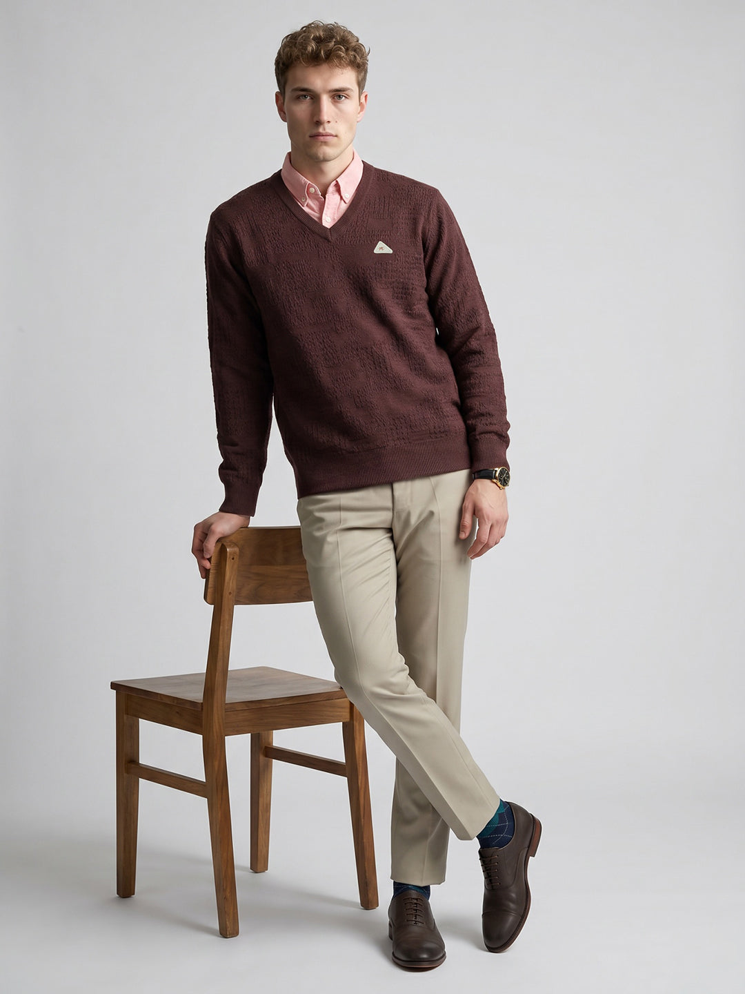 Men Brown Self Design V Neck Full Sleeve Pullover