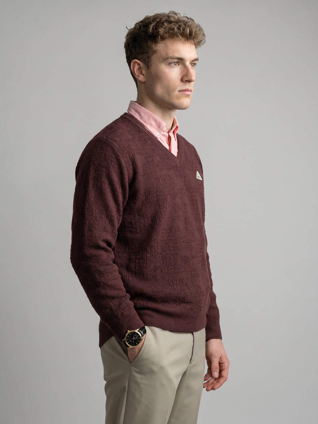 Men Brown Self Design V Neck Full Sleeve Pullover