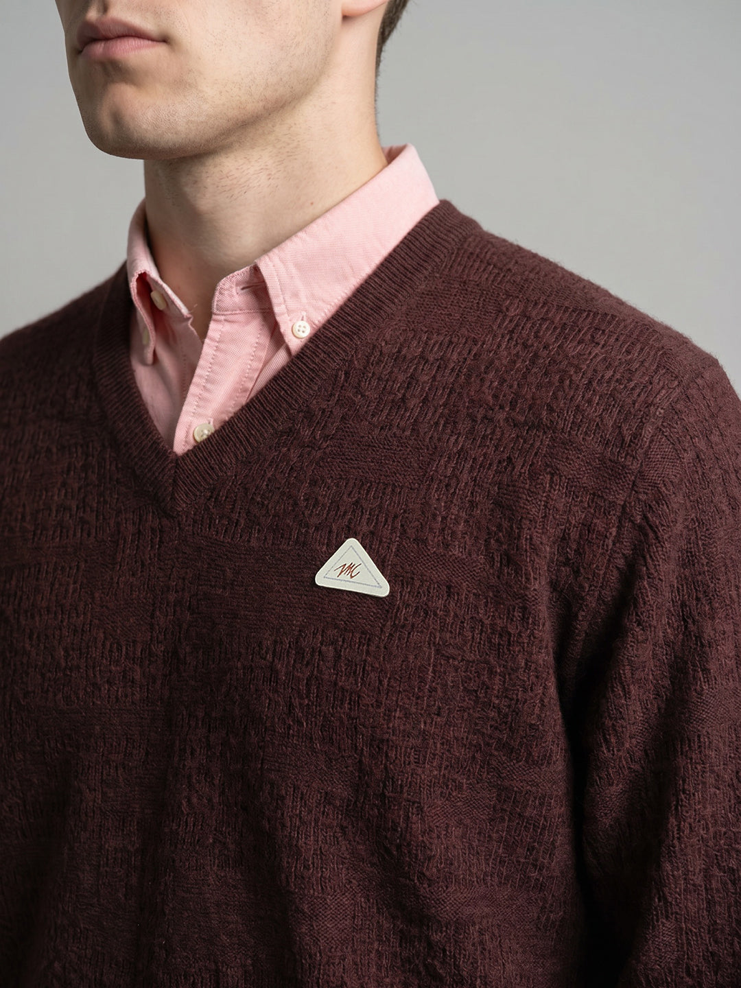 Men Brown Self Design V Neck Full Sleeve Pullover