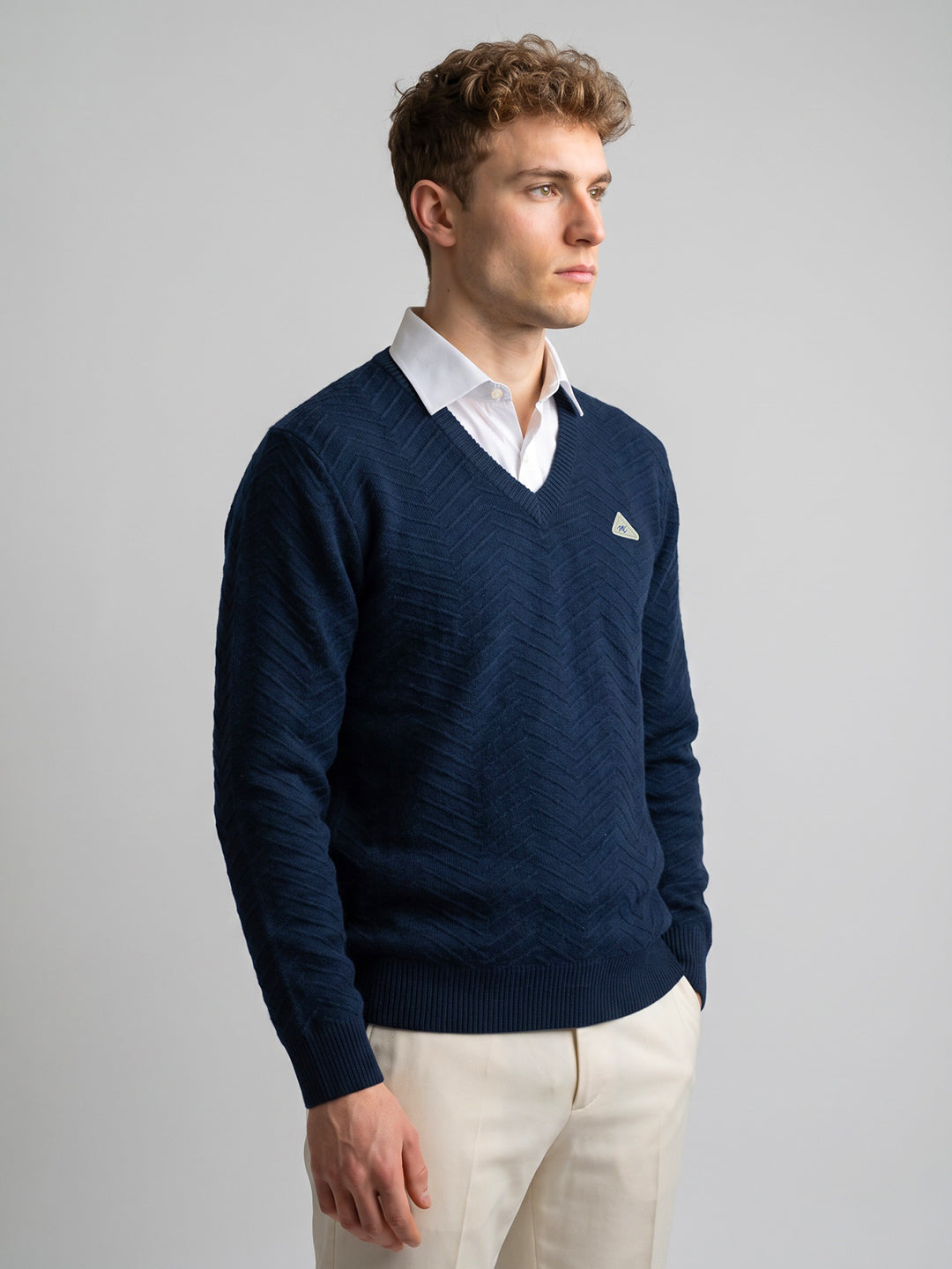 Men Blue Self Design V Neck Full Sleeve Pullover