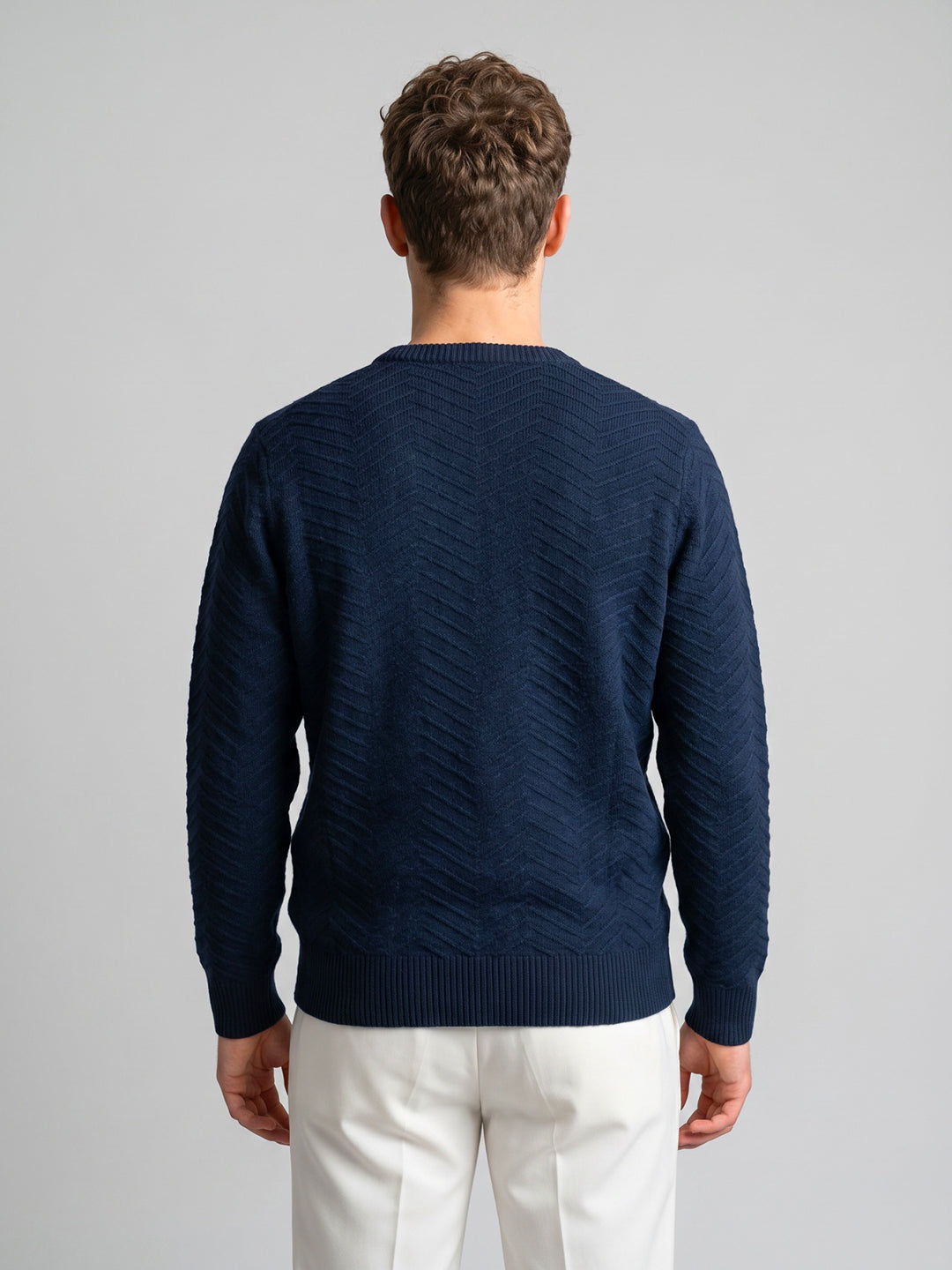 Men Blue Self Design V Neck Full Sleeve Pullover