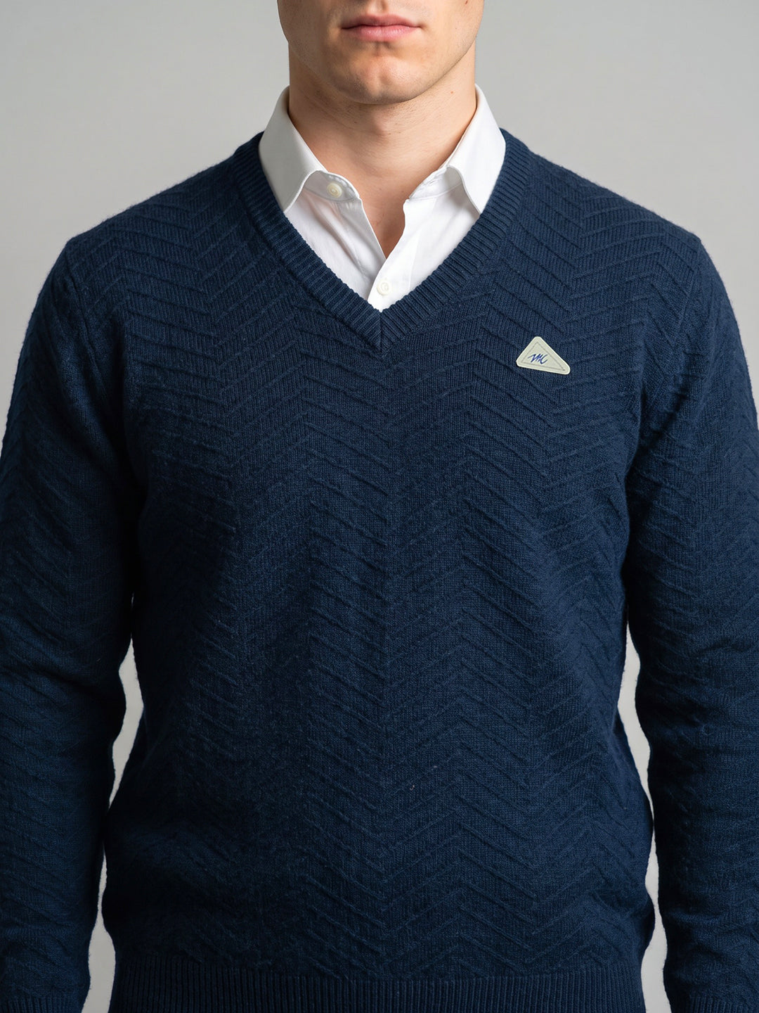 Men Blue Self Design V Neck Full Sleeve Pullover