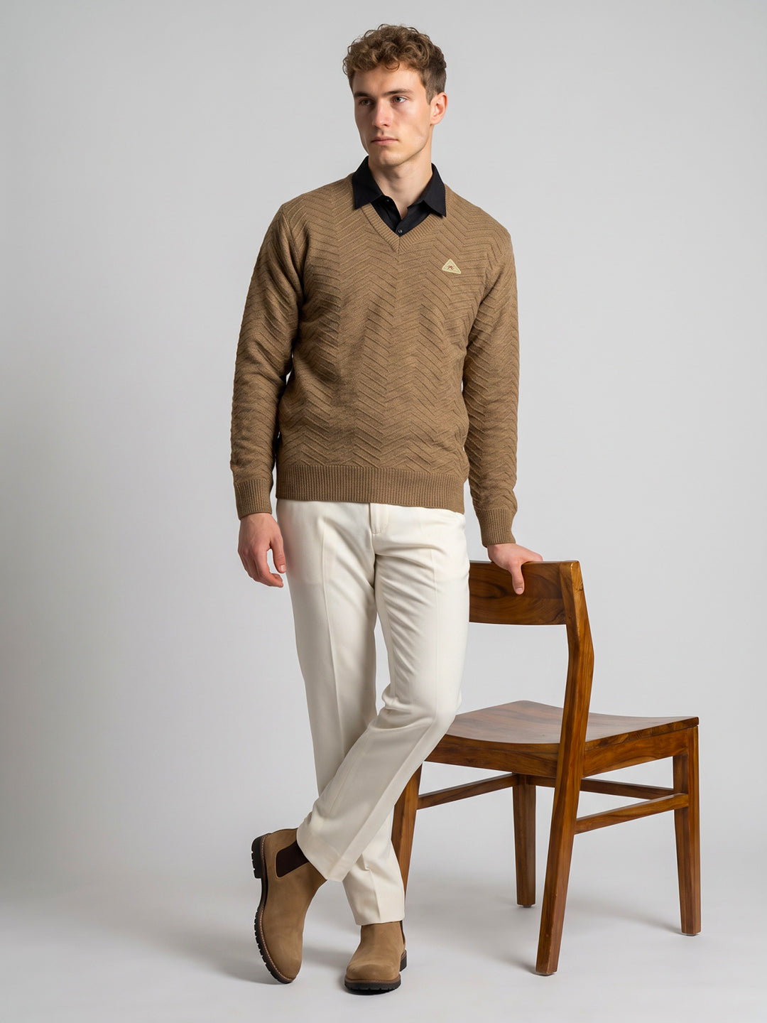 Men Brown Self Design V Neck Full Sleeve Pullover