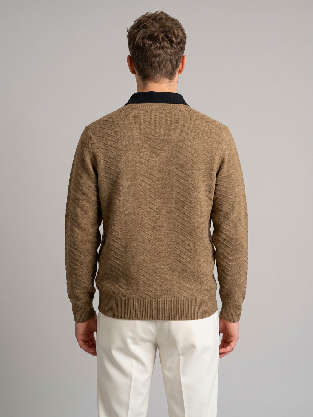 Men Brown Self Design V Neck Full Sleeve Pullover