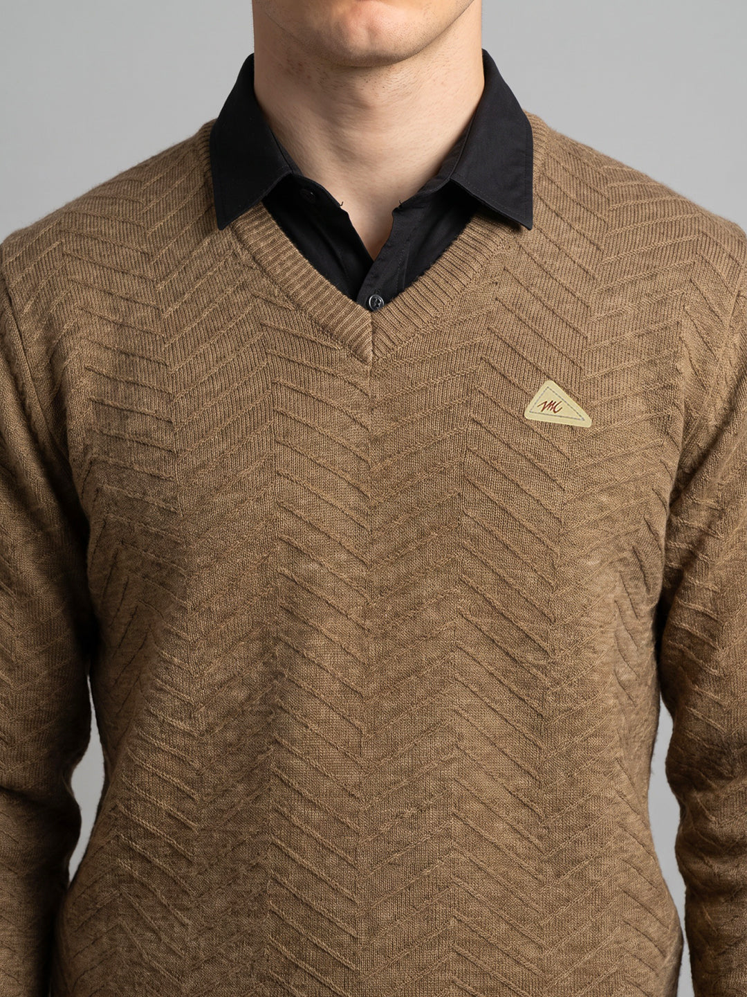 Men Brown Self Design V Neck Full Sleeve Pullover