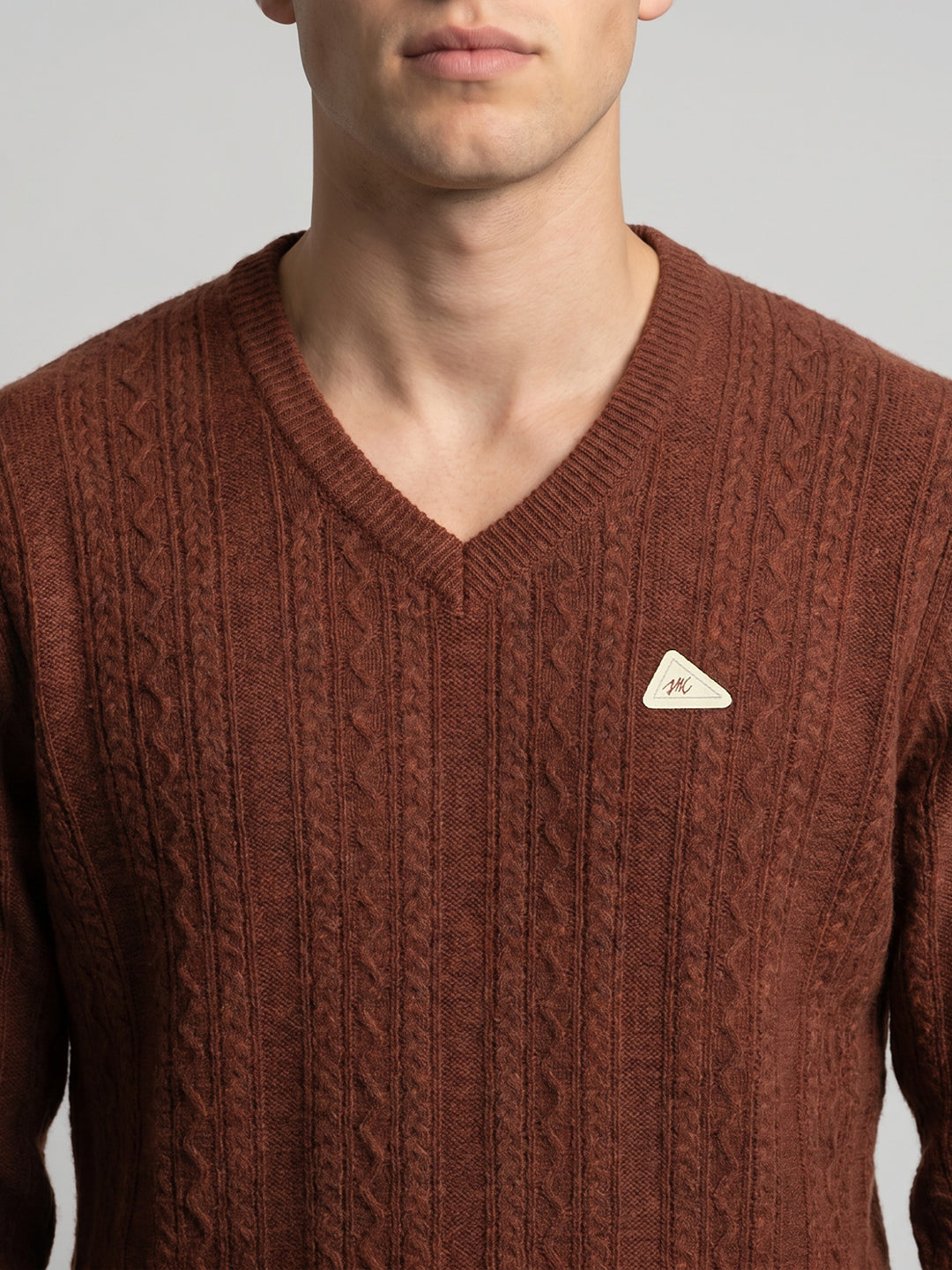 Men Rust Self Design V Neck Full Sleeve Pullover