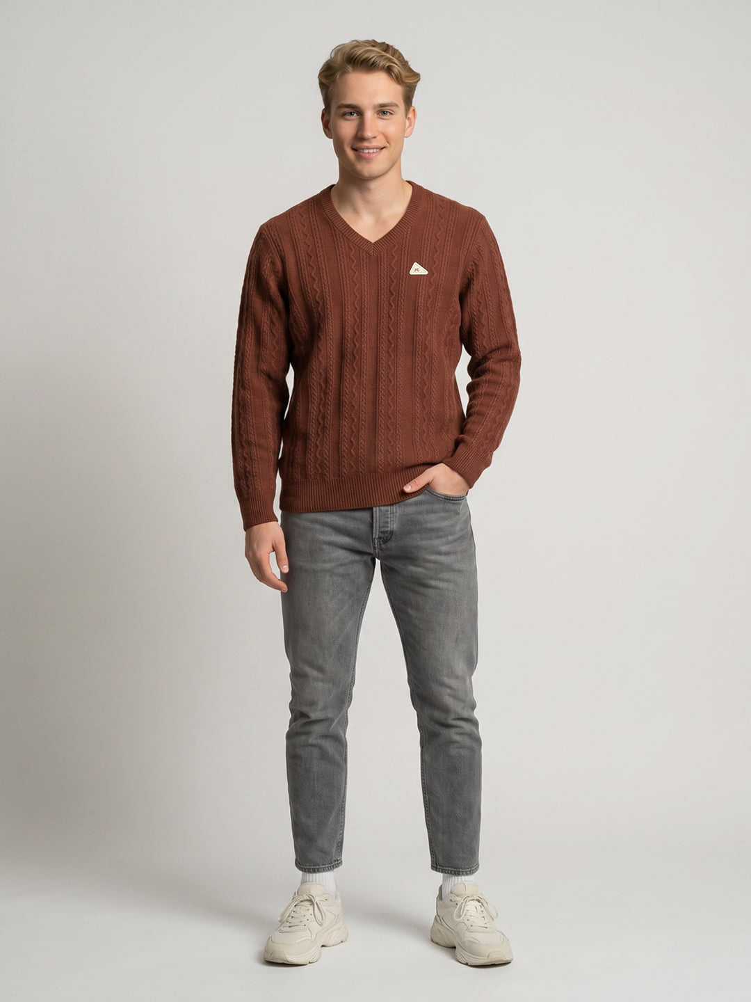 Men Rust Self Design V Neck Full Sleeve Pullover