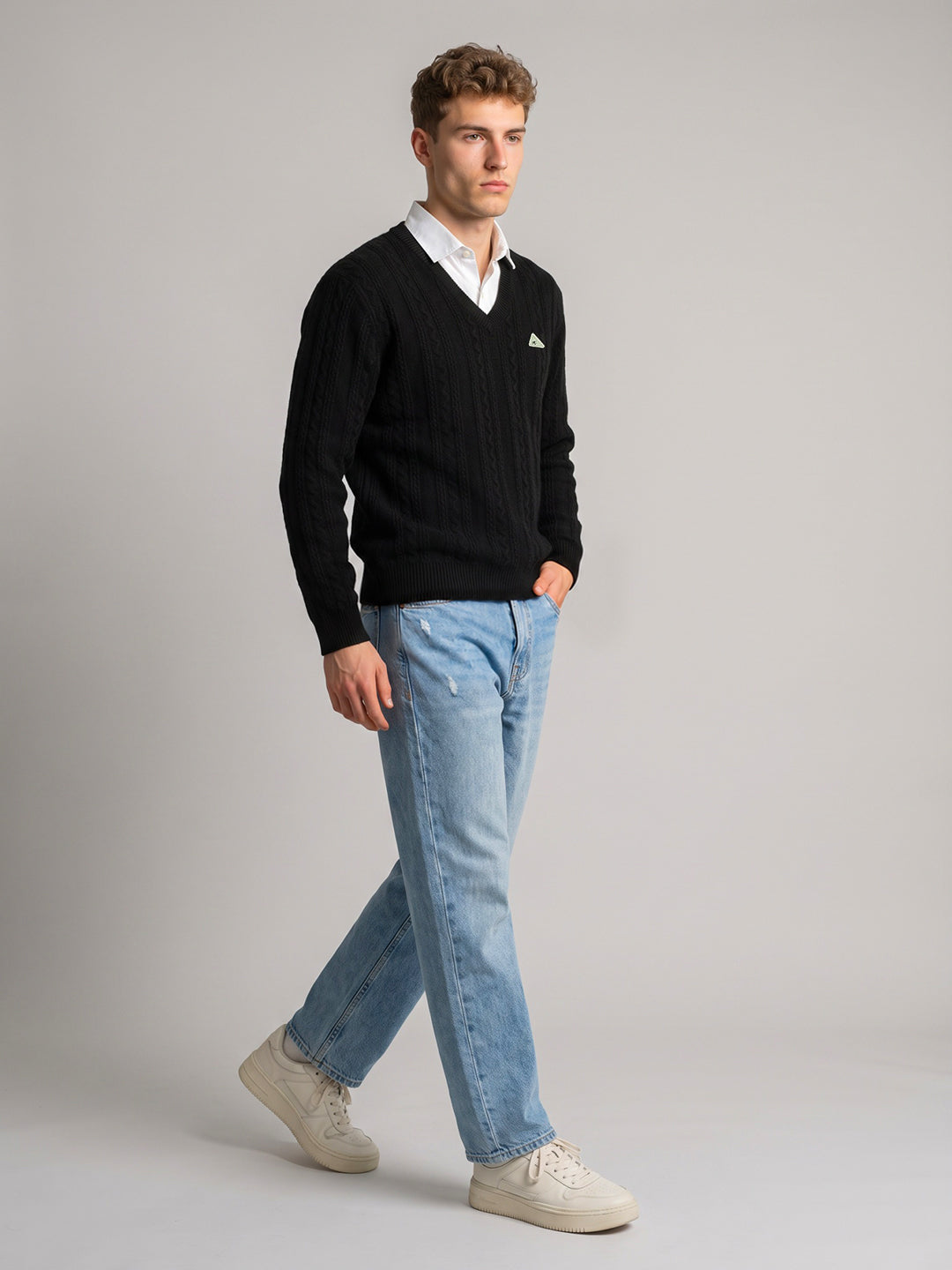 Men Black Self Design V Neck Full Sleeve Pullover