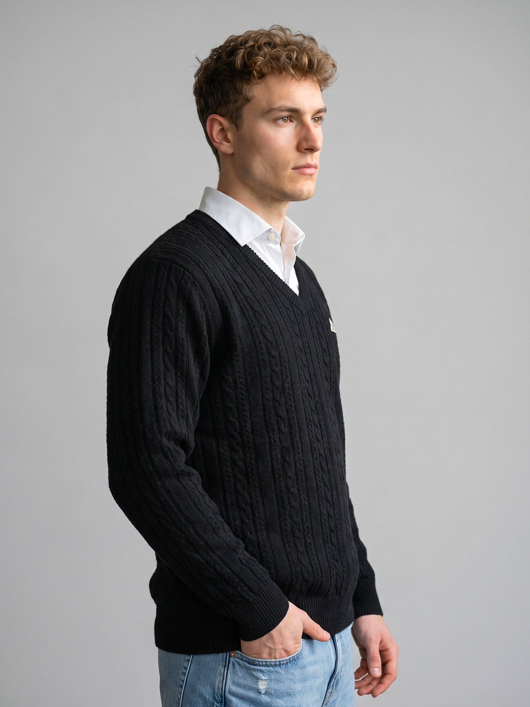 Men Black Self Design V Neck Full Sleeve Pullover