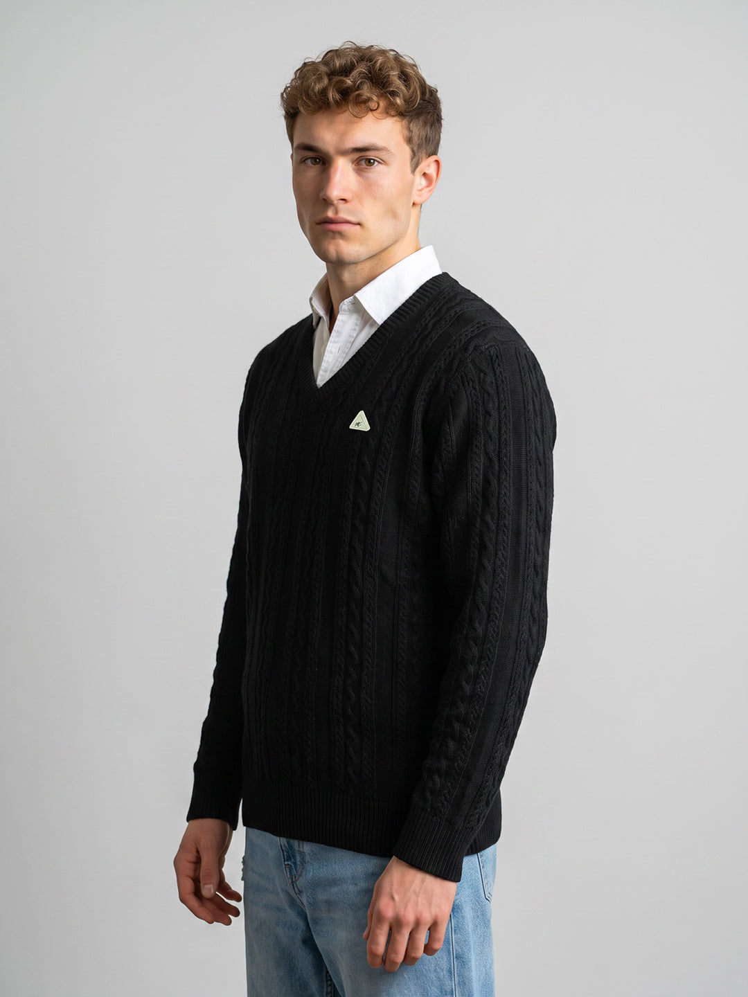 Men Black Self Design V Neck Full Sleeve Pullover
