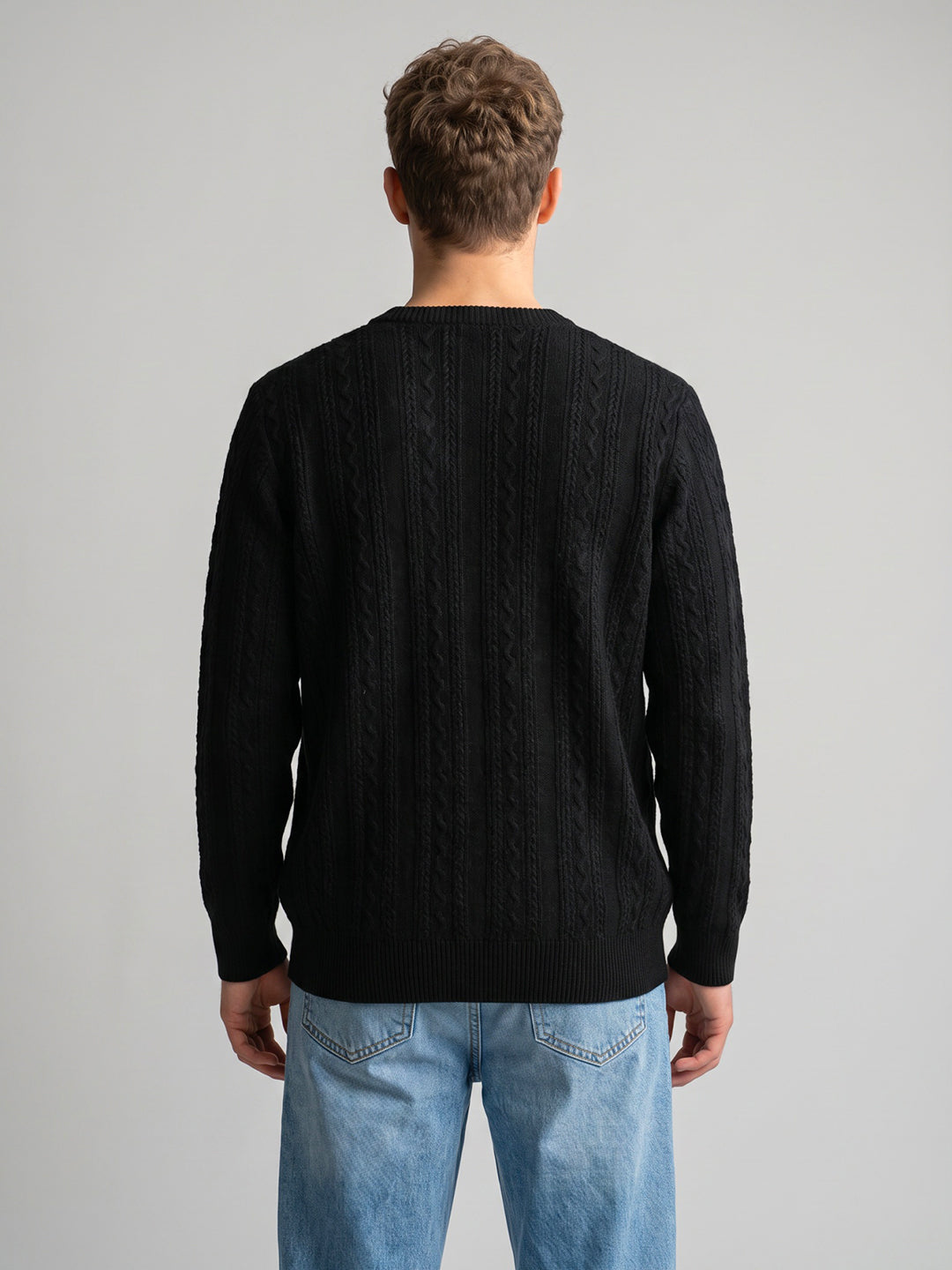 Men Black Self Design V Neck Full Sleeve Pullover
