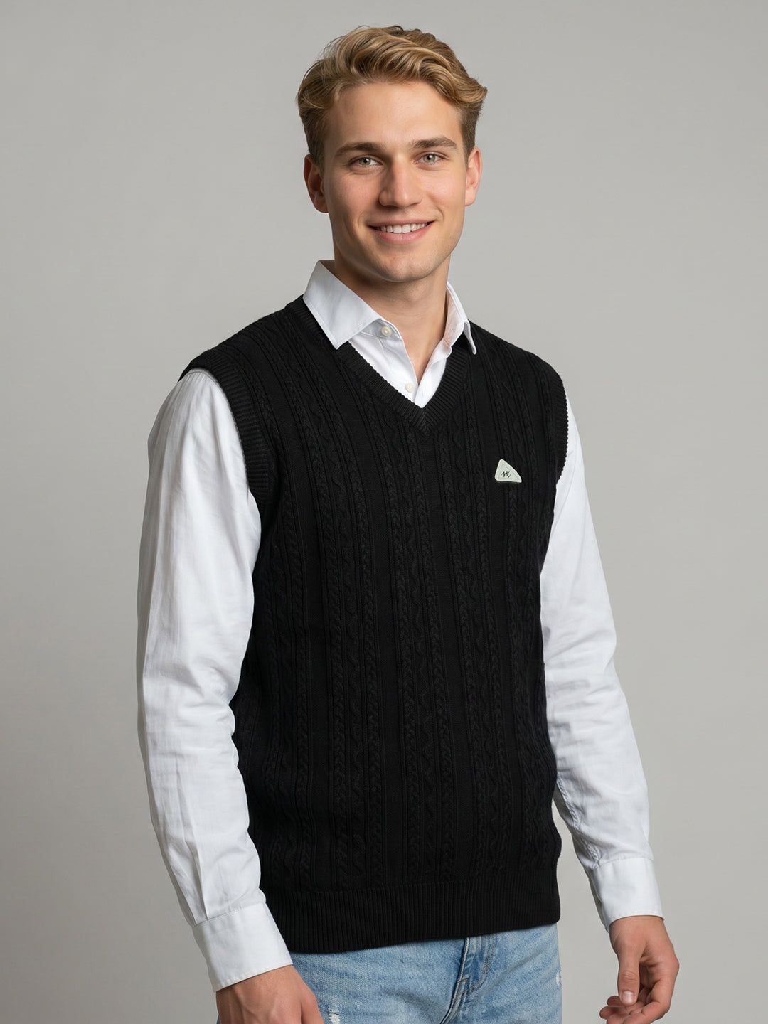 Men Black Self Design V Neck Sleeveless Sweater