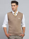 Men Brown Self Design V Neck Sleeveless Sweater