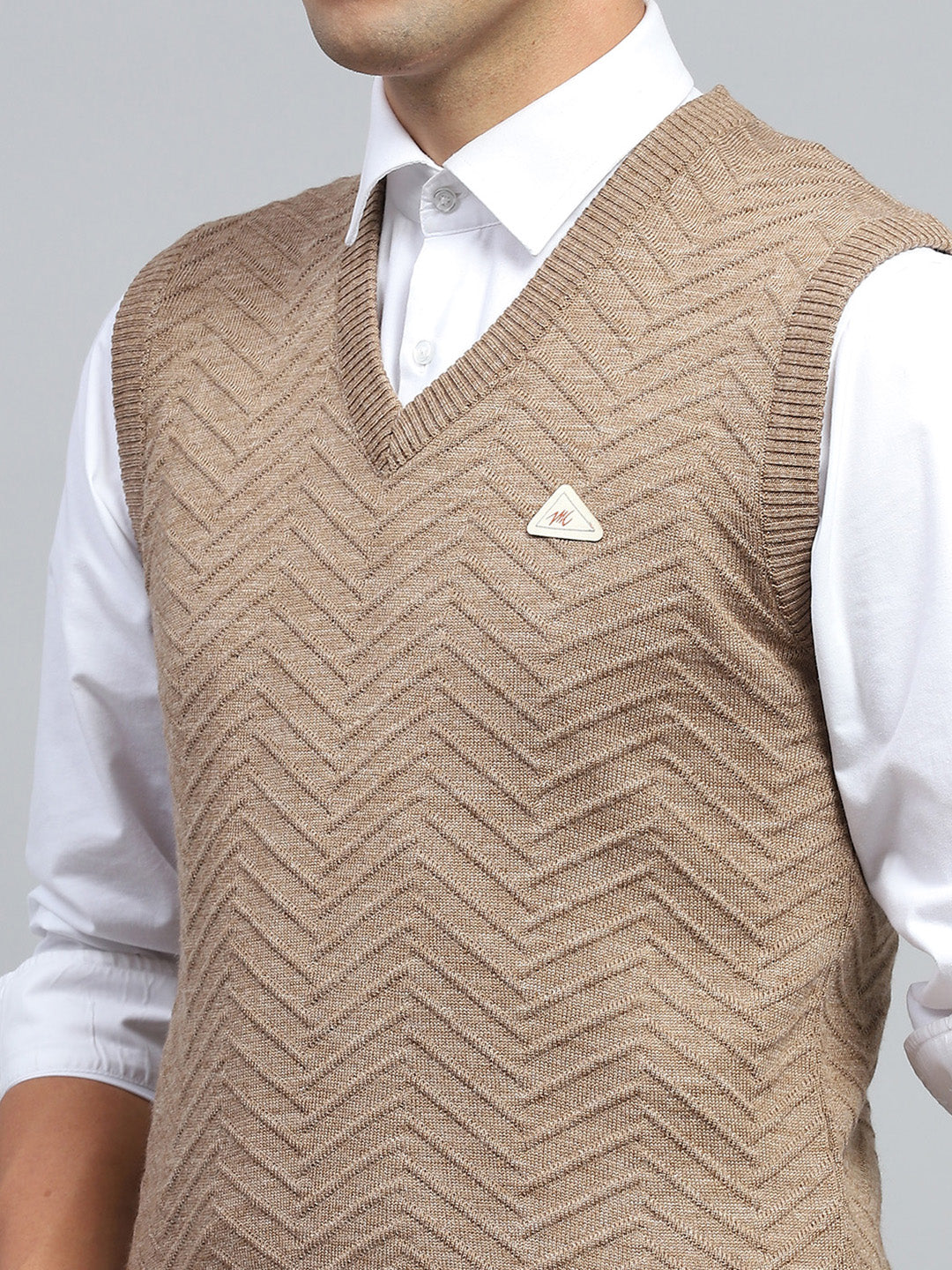 Men Brown Self Design V Neck Sleeveless Sweater