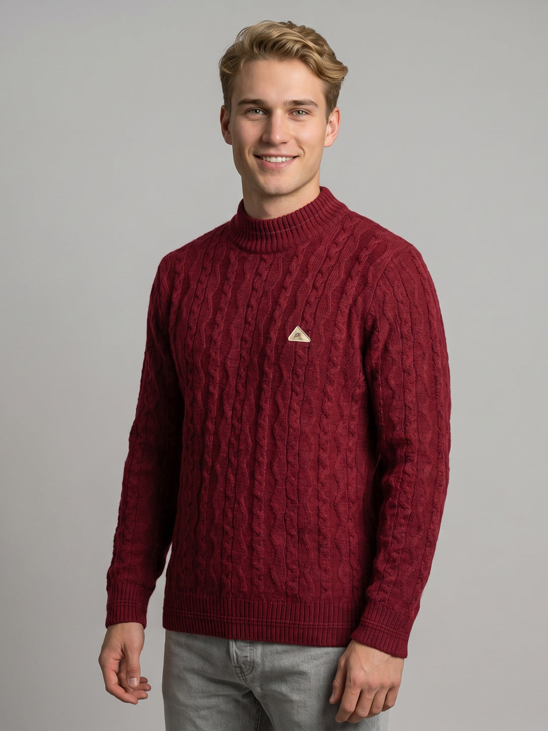 Men Maroon Self Design High Neck Full Sleeve Pullover