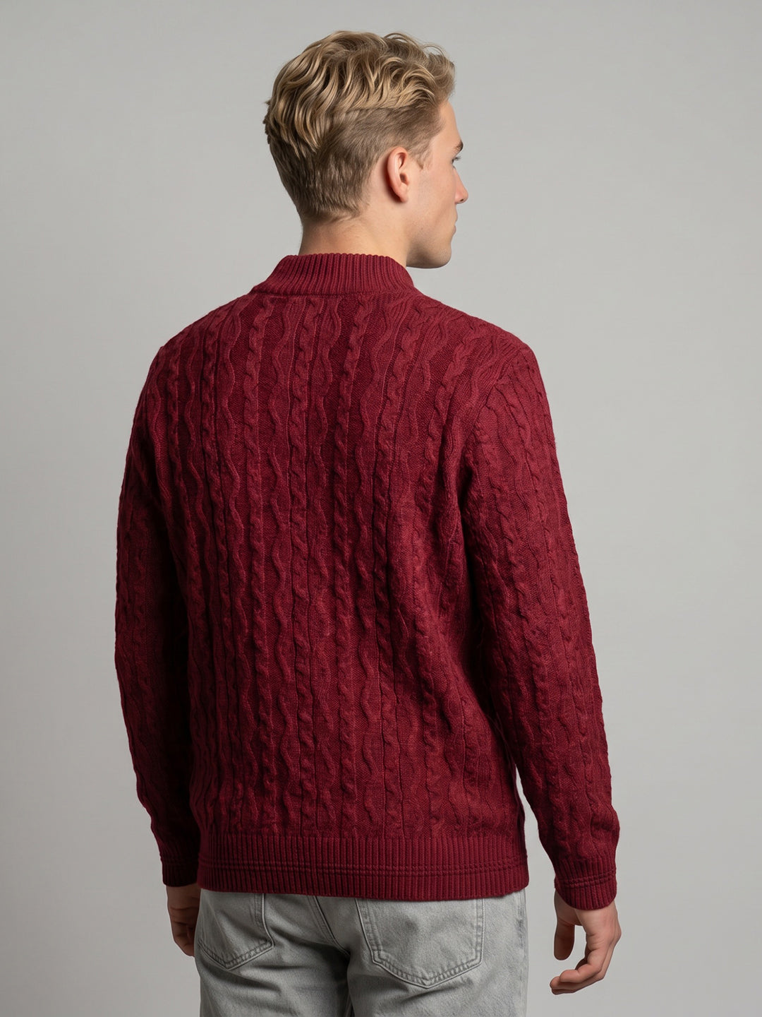 Men Maroon Self Design High Neck Full Sleeve Pullover