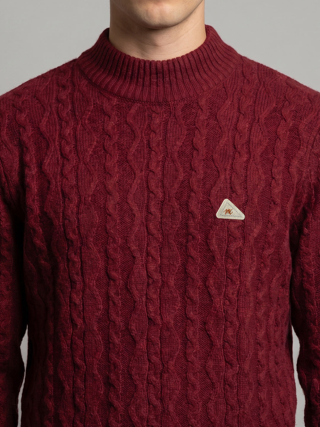 Men Maroon Self Design High Neck Full Sleeve Pullover