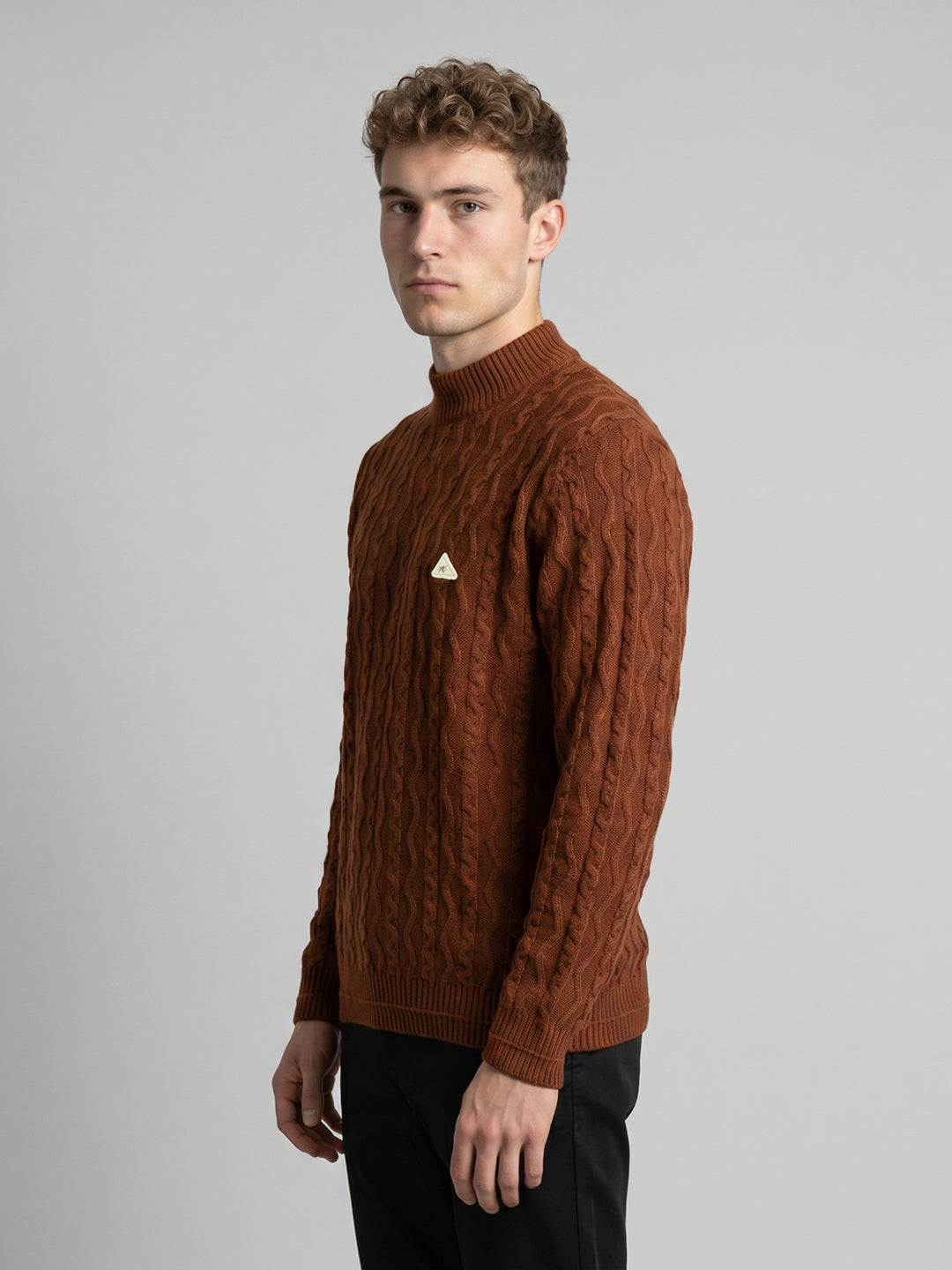 Men Brown Self Design High Neck Full Sleeve Pullover
