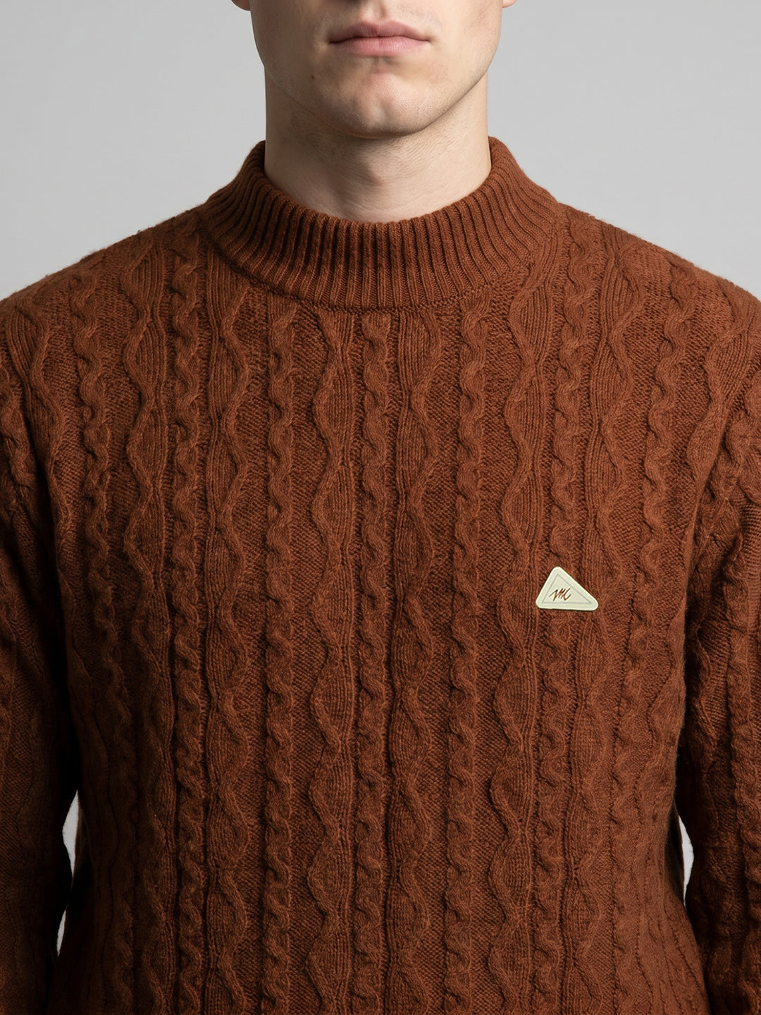 Men Brown Self Design High Neck Full Sleeve Pullover