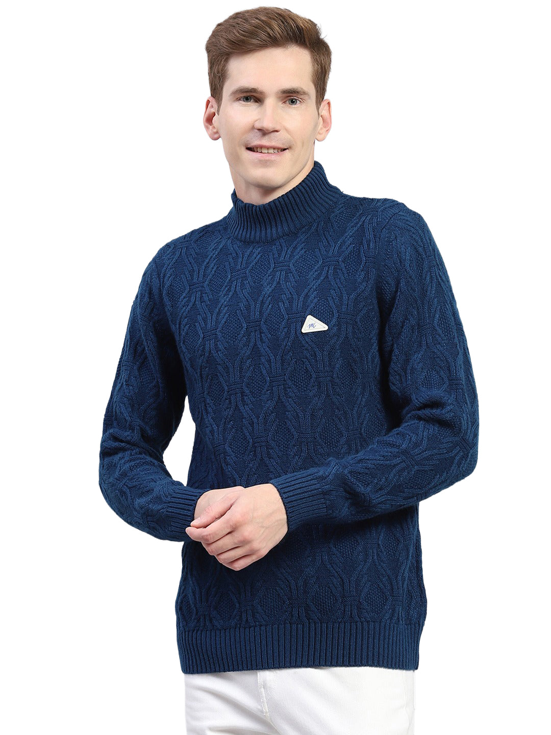 Men Blue Self Design Turtle Neck Full Sleeve Pullover