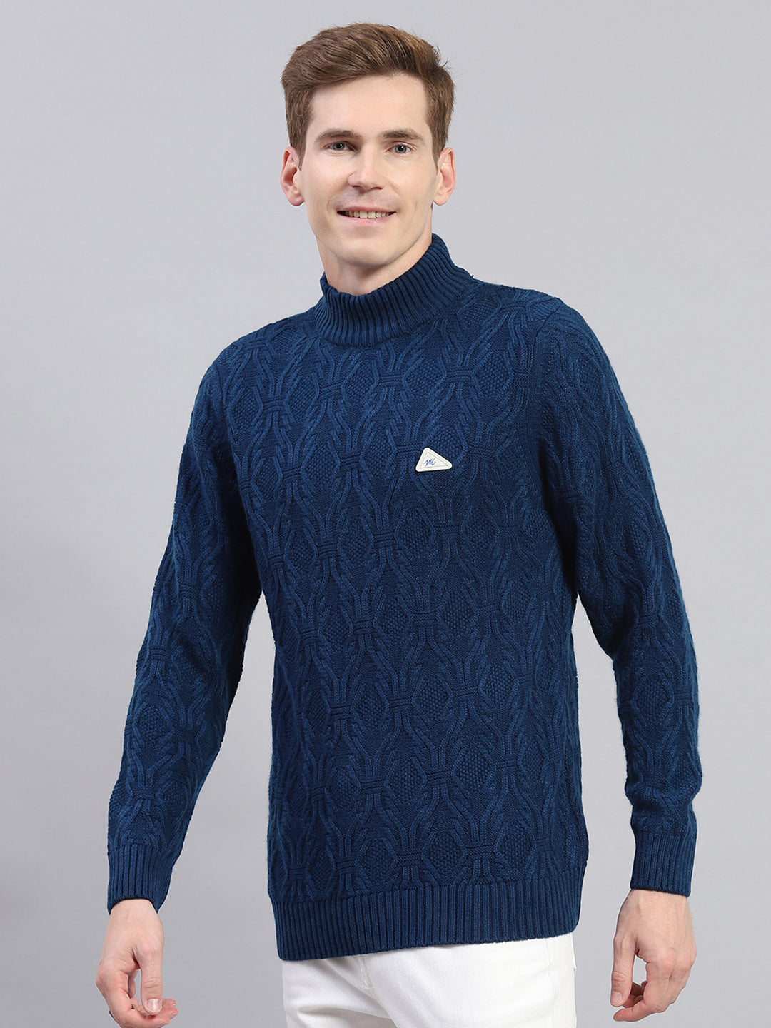 Men Blue Self Design Turtle Neck Full Sleeve Pullover