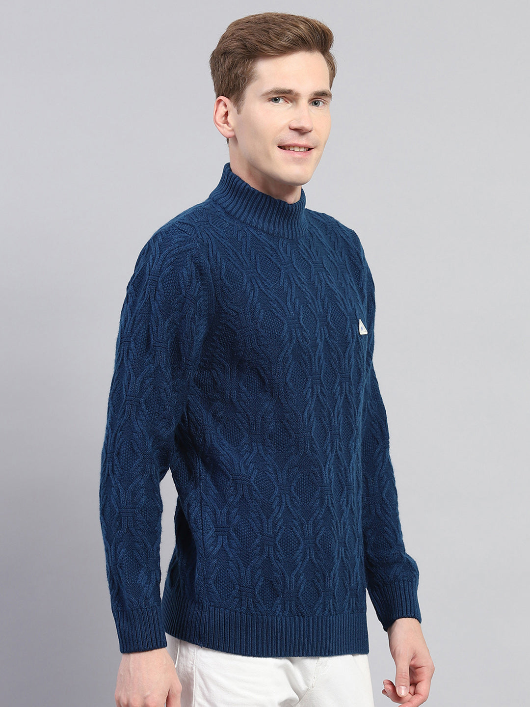 Men Blue Self Design Turtle Neck Full Sleeve Pullover