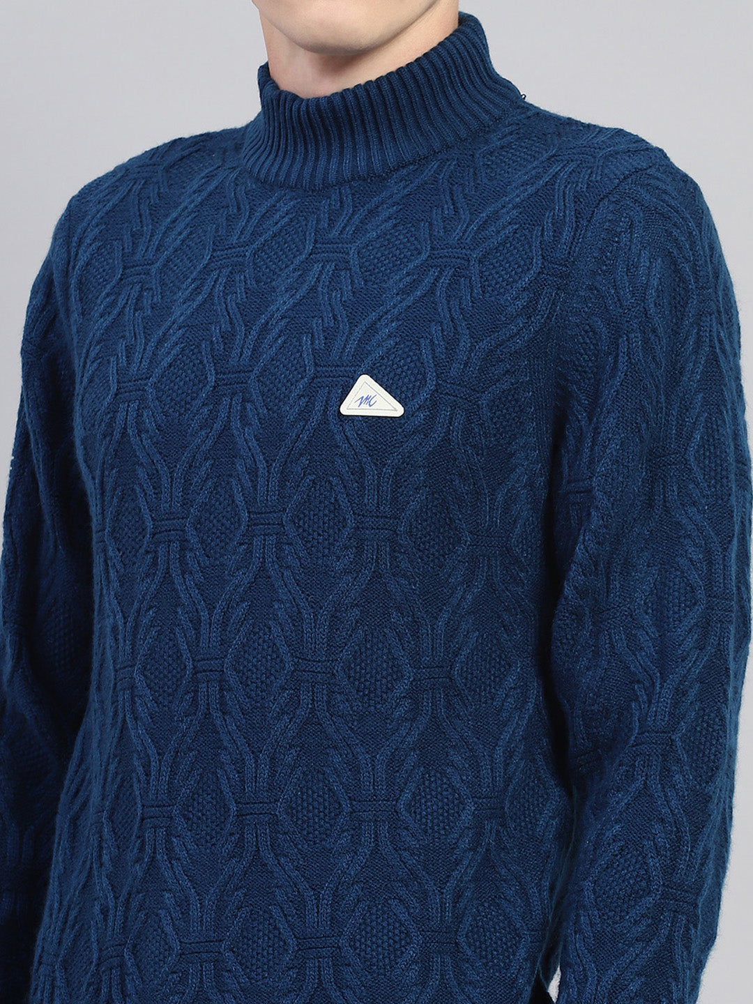 Men Blue Self Design Turtle Neck Full Sleeve Pullover