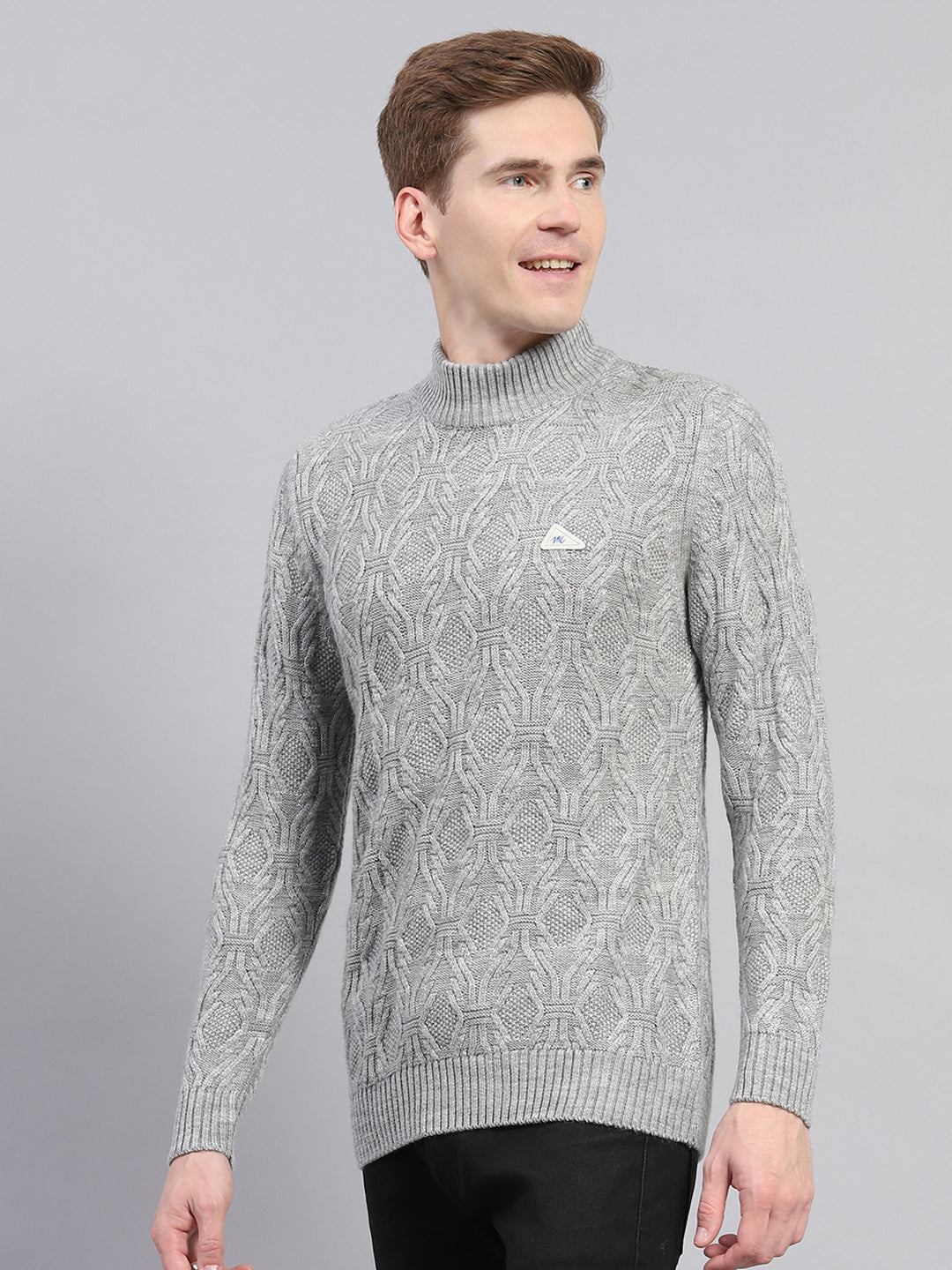 Men Grey Self Design Turtle Neck Full Sleeve Pullover