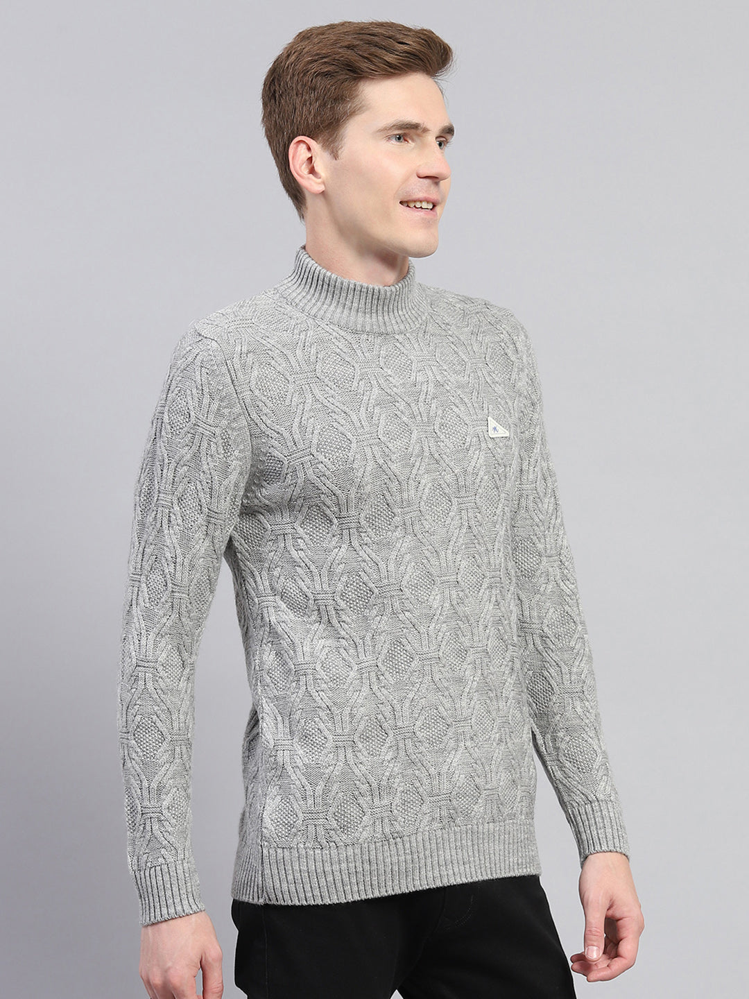Men Grey Self Design Turtle Neck Full Sleeve Pullover