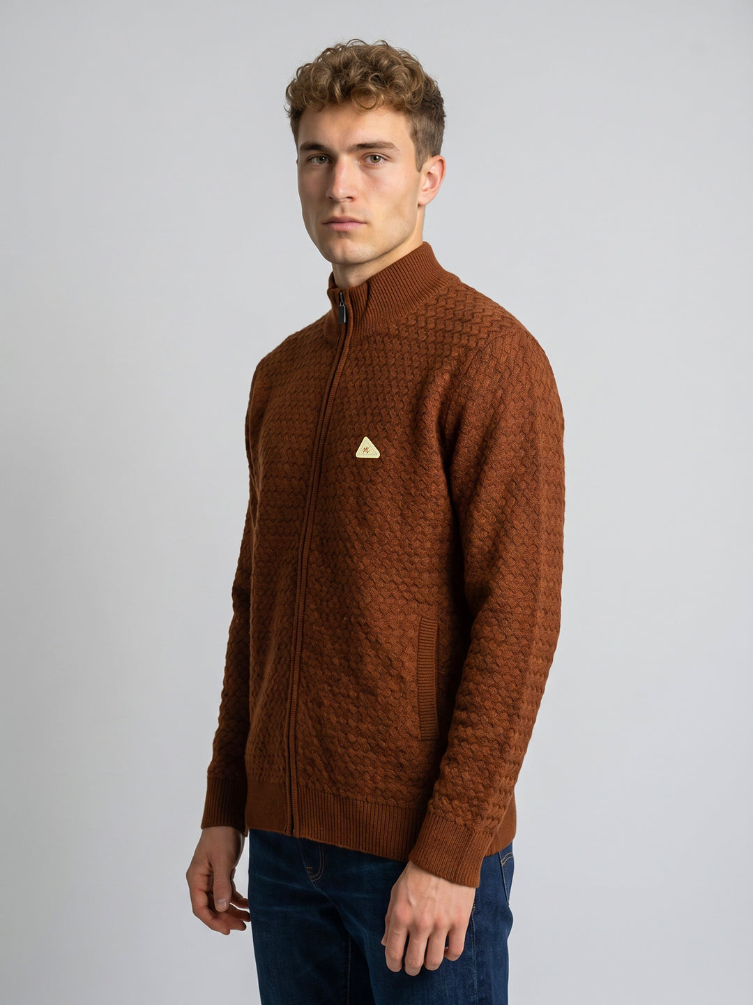 Men Brown Self Design Turtle Neck Full Sleeve Cardigan