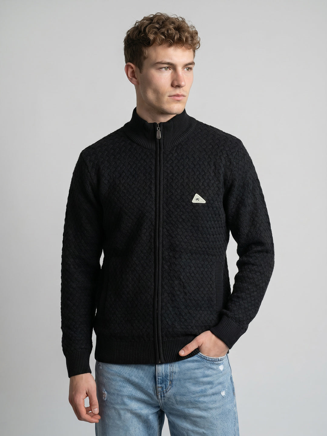 Men Black Self Design Turtle Neck Full Sleeve Cardigan