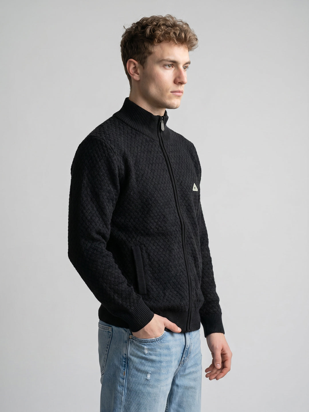 Men Black Self Design Turtle Neck Full Sleeve Cardigan