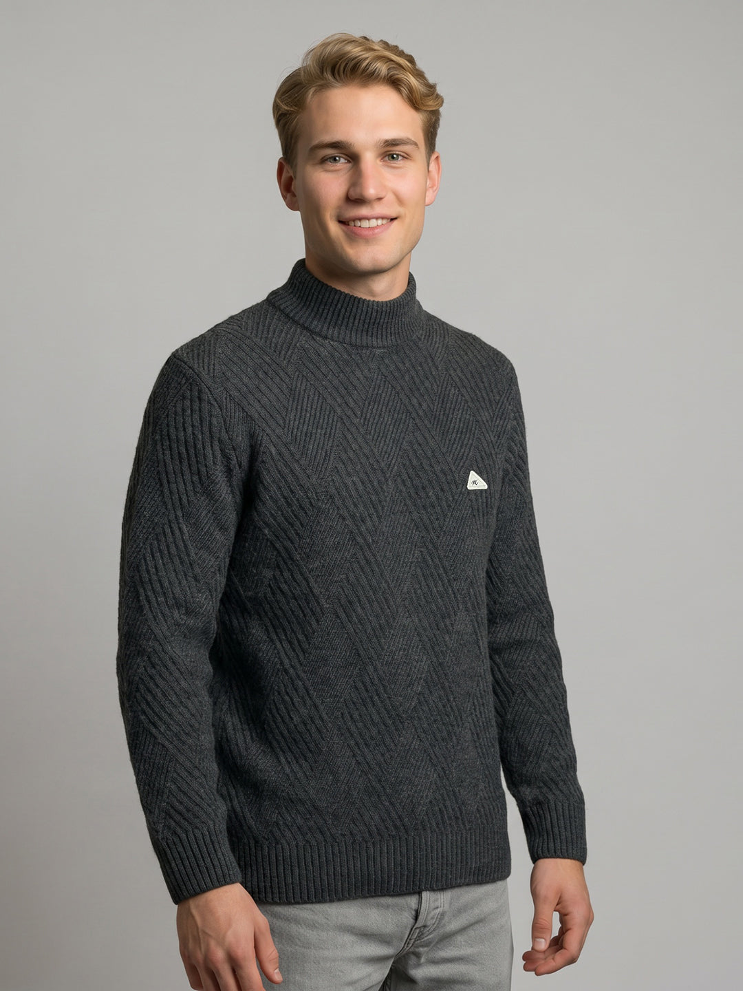 Men Grey Self Design High Neck Full Sleeve Pullover