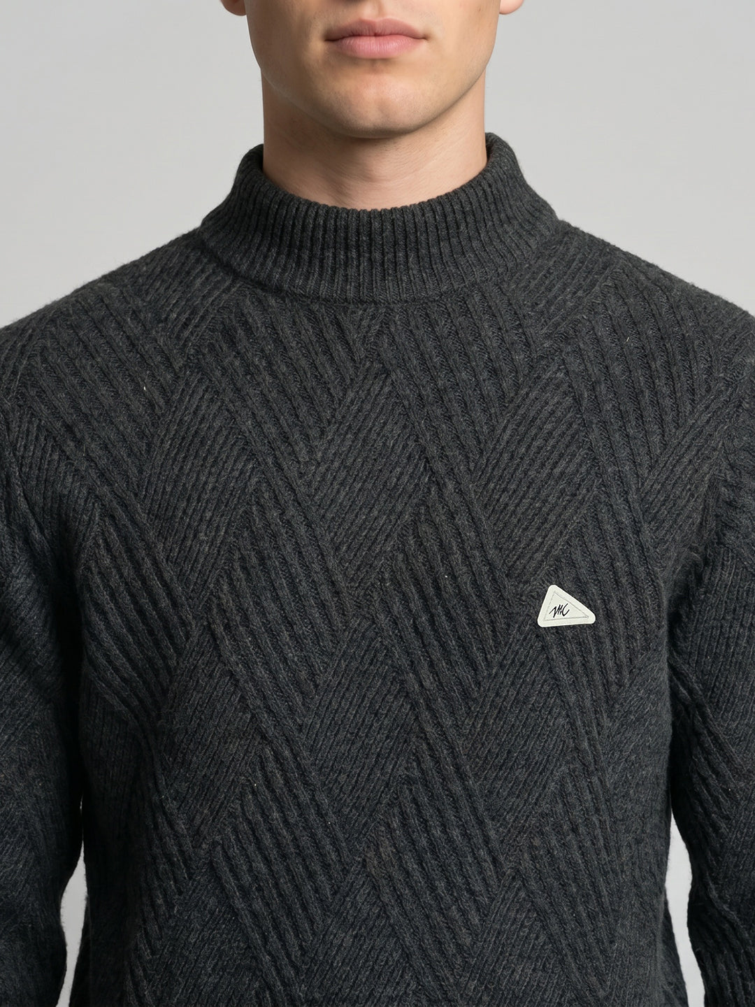 Men Grey Self Design High Neck Full Sleeve Pullover