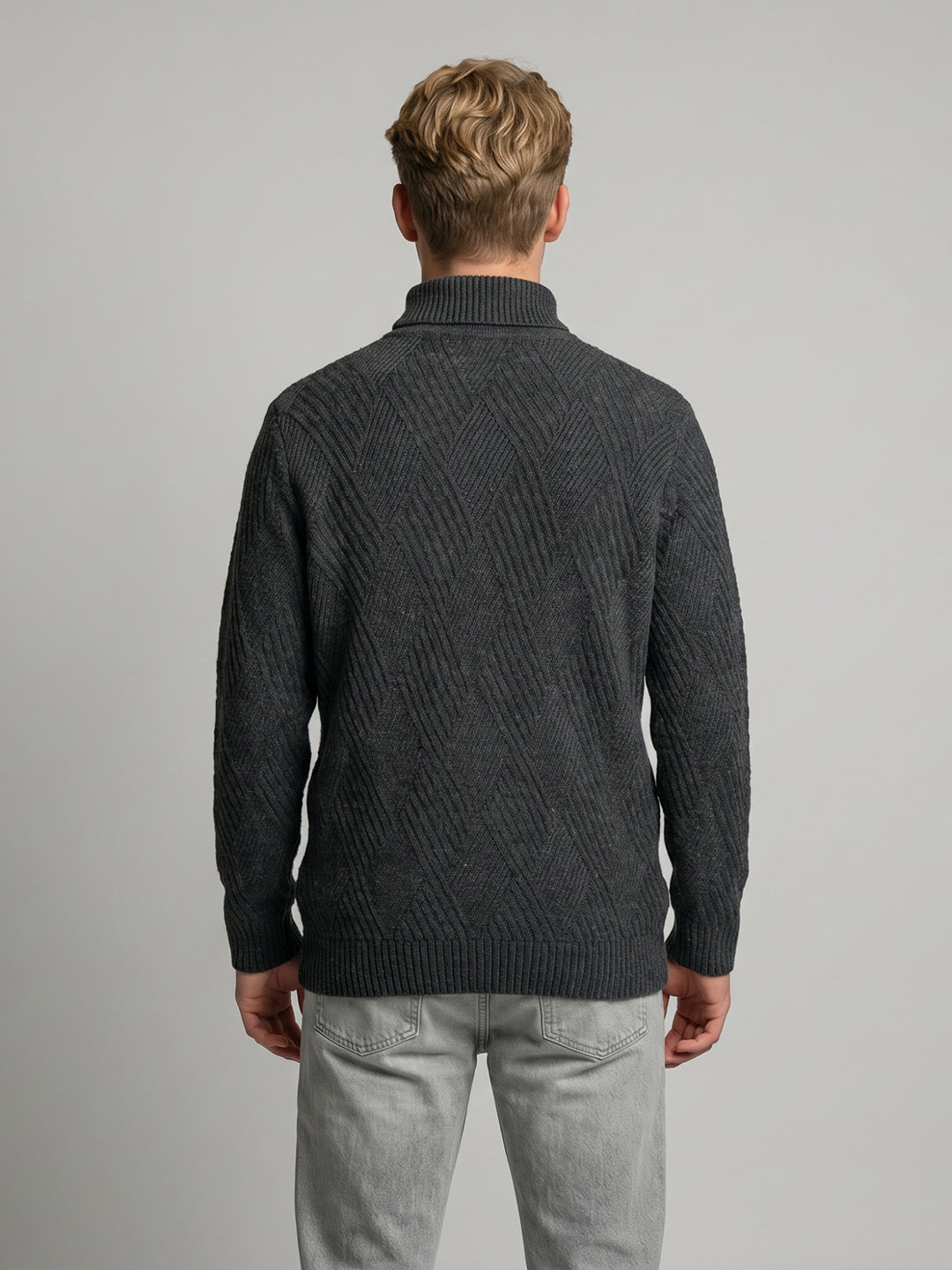 Men Grey Self Design High Neck Full Sleeve Pullover