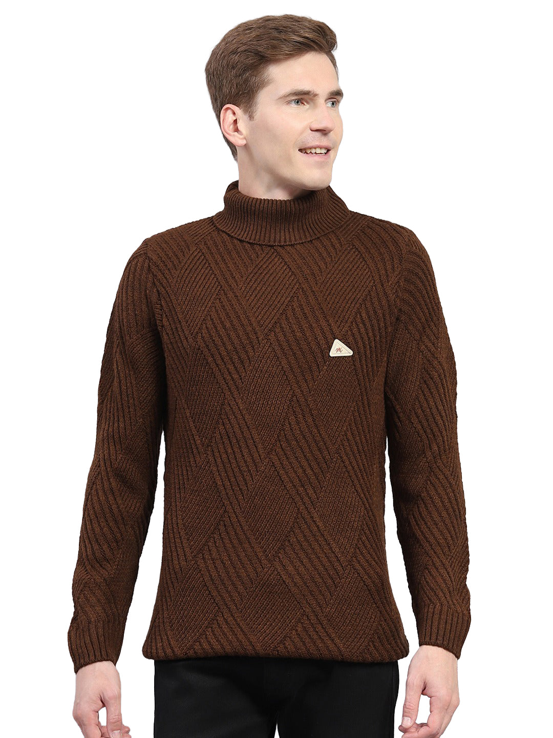 Men Brown Self Design High Neck Full Sleeve Pullover