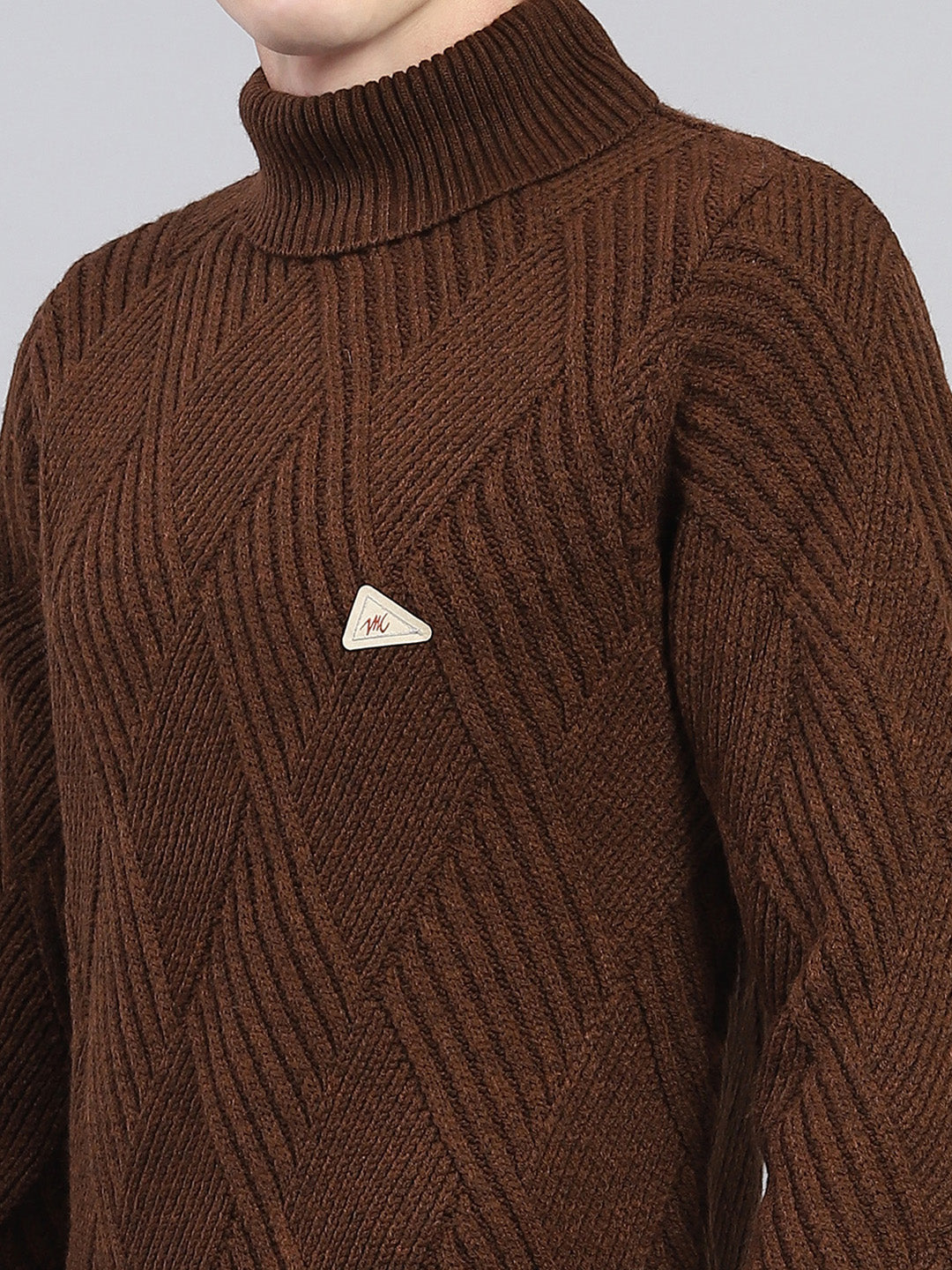 Men Brown Self Design High Neck Full Sleeve Pullover