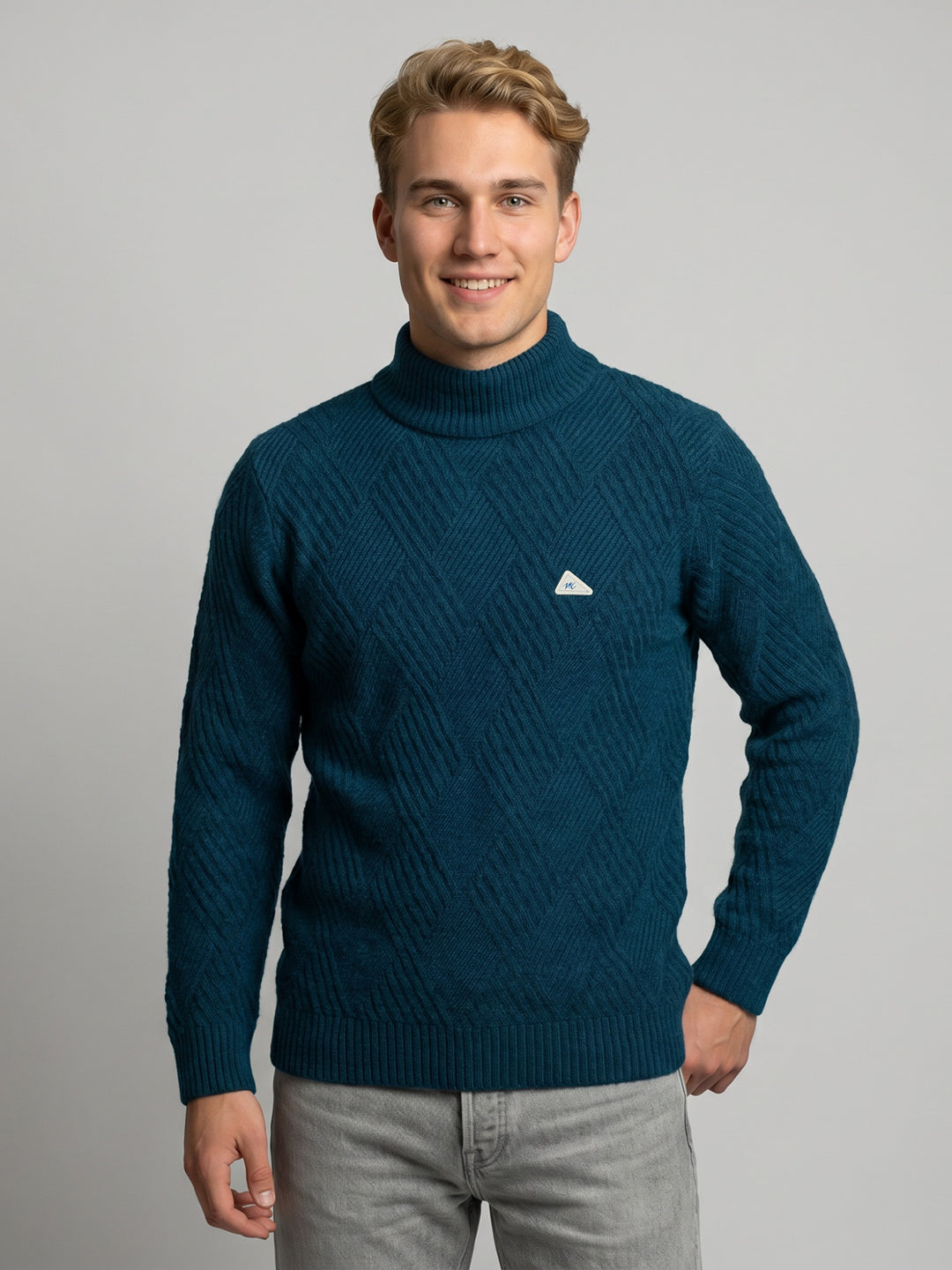 Men Blue Self Design High Neck Full Sleeve Pullover