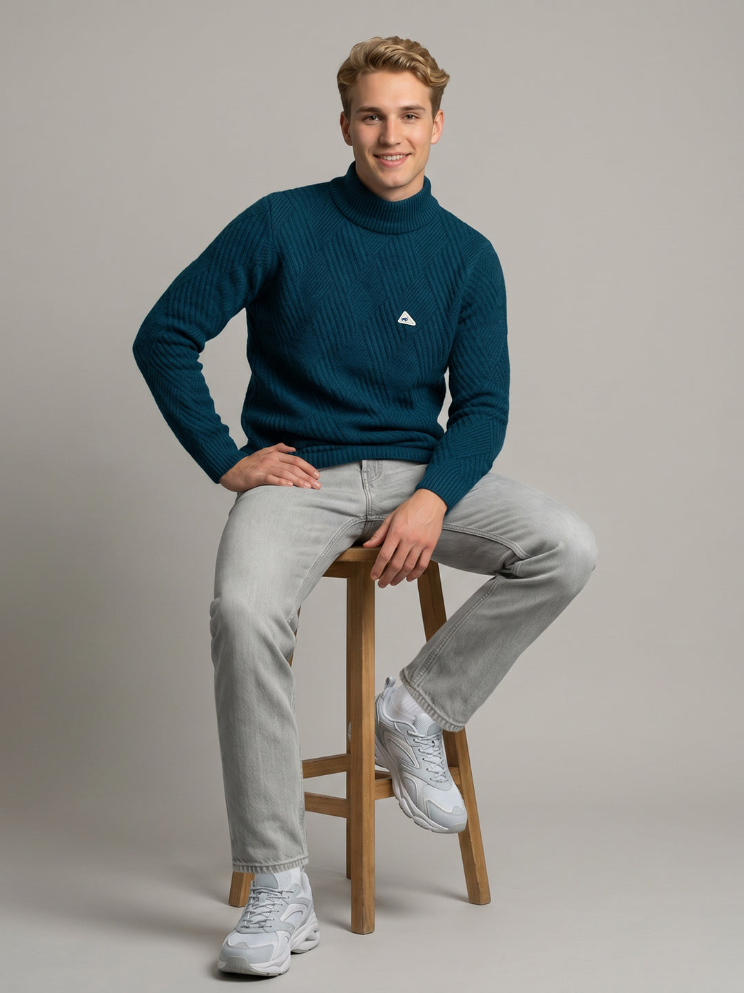 Men Blue Self Design High Neck Full Sleeve Pullover